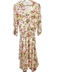 J Jill Midi Floral Asymmetric Dress Small Pink Cottage Core Flowy Boho Peasant